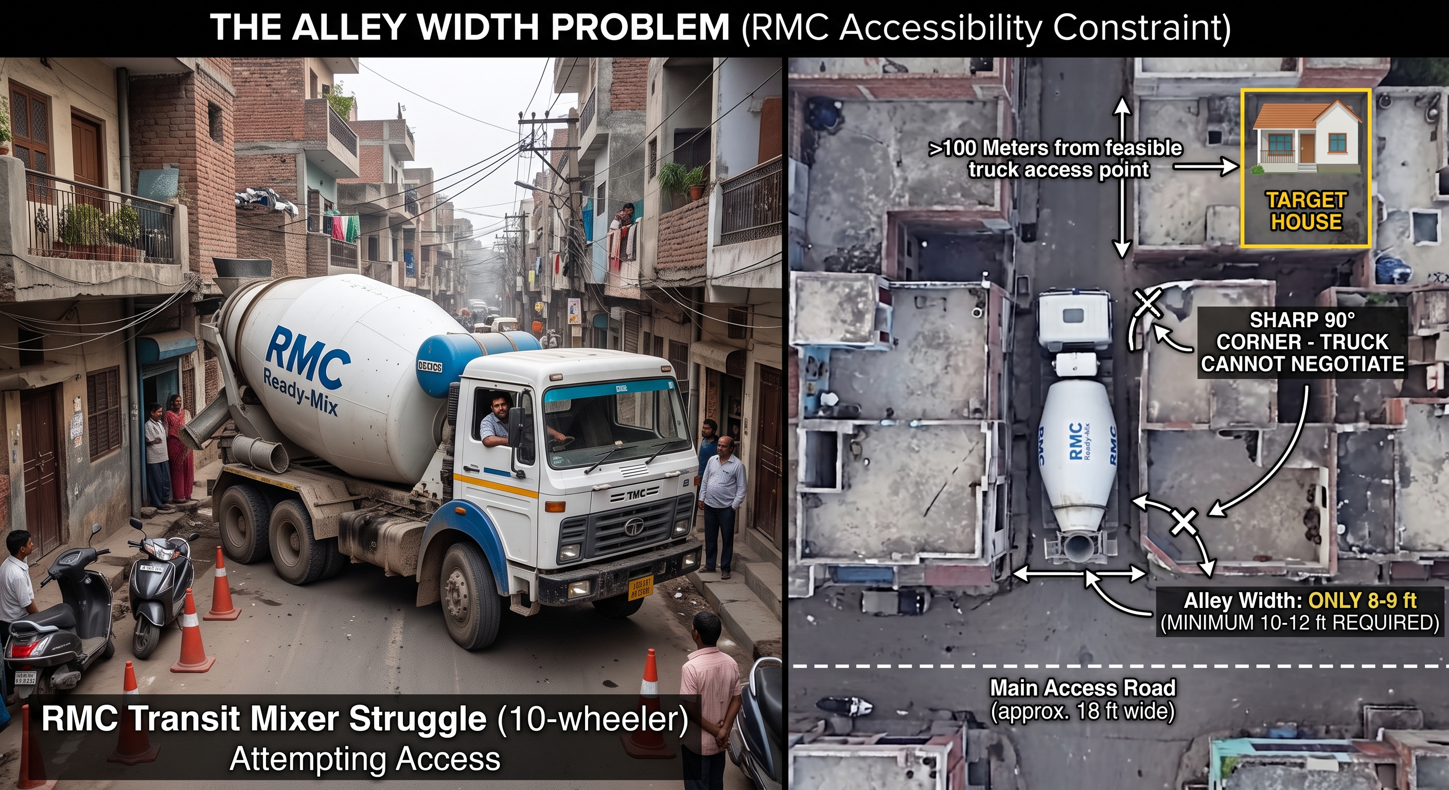 RMC Transit Mixer Truck in Narrow Kathmandu Alley