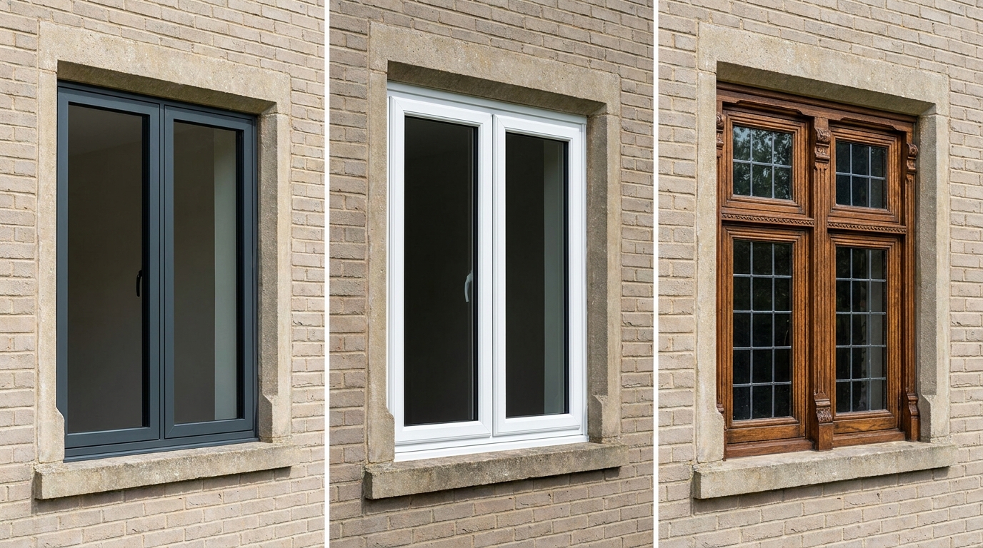 Comparison showing Aluminum, UPVC, and Wooden window frames